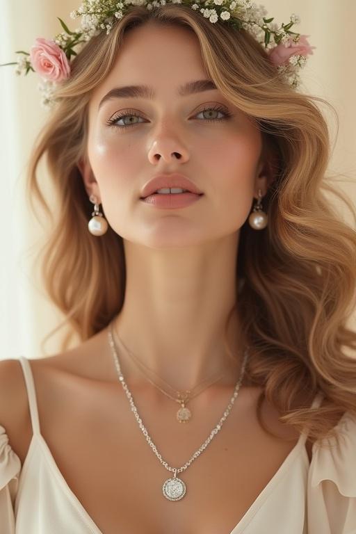 A beautiful woman with long golden hair wears a delicate silver necklace and pearl earrings. She has a subtle floral crown made of silk flowers. The background is neutral cream or pale gold. Soft diffused lighting enhances the elegant pose for a timeless beauty vibe.