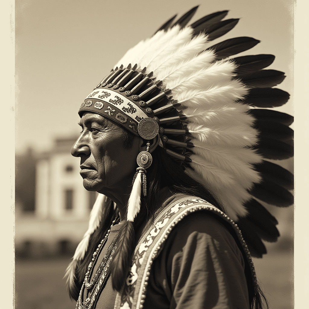 The image shows a person wearing a detailed feathered headdress, looking to the side in a sepia-toned setting.