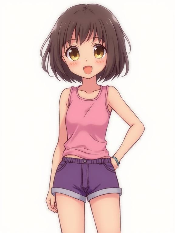 Girl wearing a pink top and purple shorts stands with one hand on her hip. She has brown hair styled in a bob and brown eyes. The background is plain white.