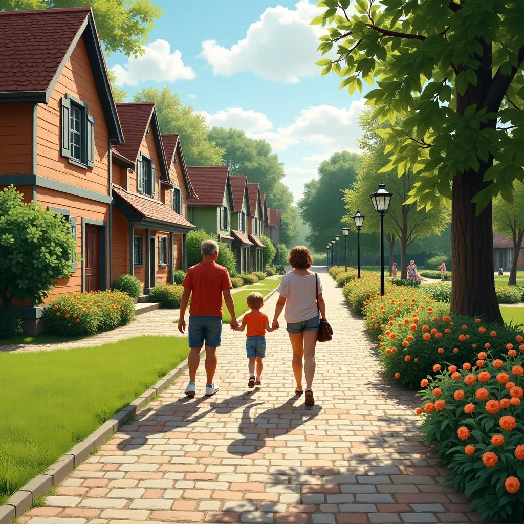 Scene of a family walking down a cobblestone path lined with cottages and flowers. Children are playing and enjoying the sunny day. Two women greet the family passing by.