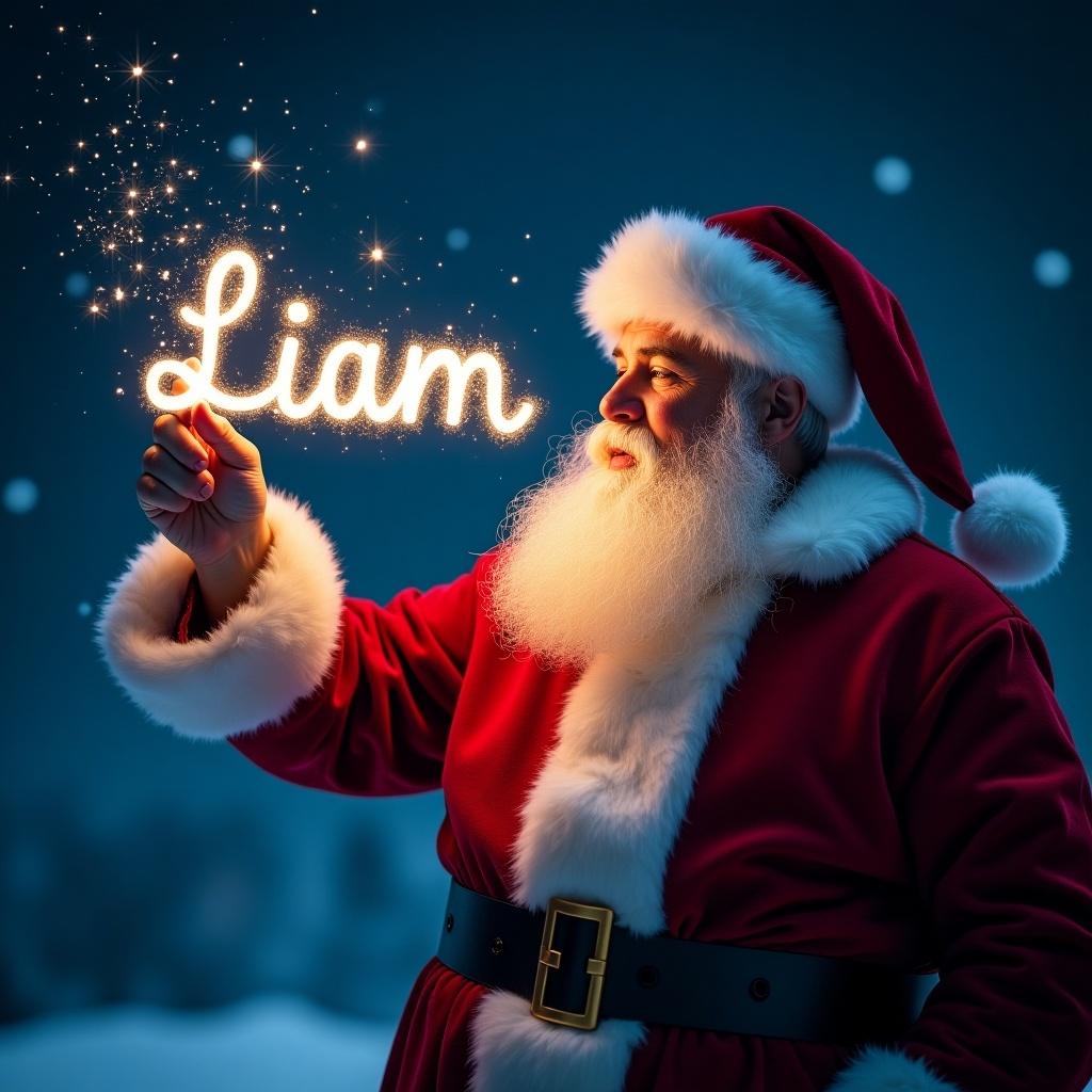 Santa writes a name in sparkling text at night sky. The name Liam glows elegantly. Scene conveys magic and wonder like a fairy tale. Santa uses a wand.