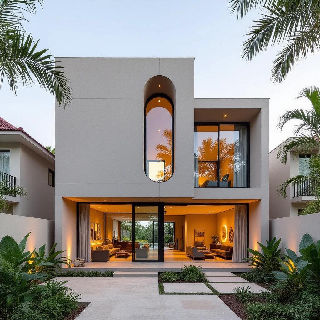 Three story narrow rectangle townhouse with singular narrow window from floor to roof. Curved edges enhance indoor and outdoor flow. Resort style features blend Japandi and African design elements.