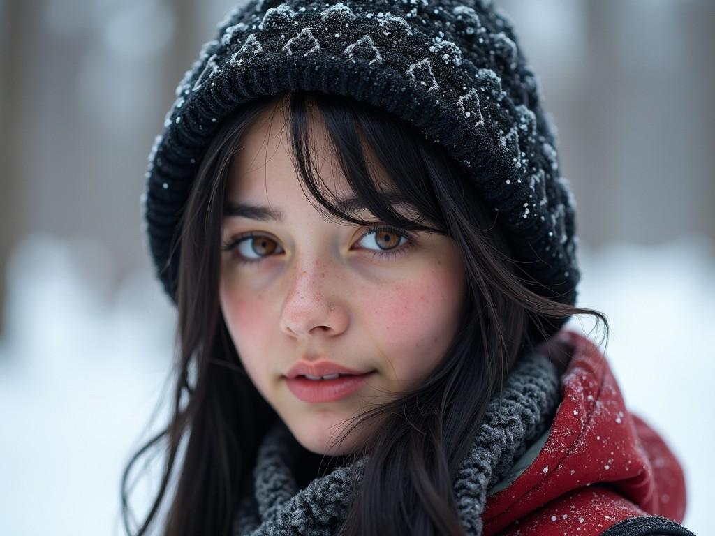 A young woman in a snowy environment wearing a black knit beanie and a red jacket, close-up portrait with soft focus.