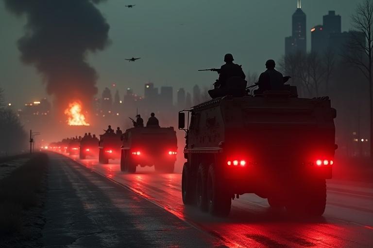 Hyper-realistic night scene of a military convoy advancing towards a burning New York City. Last vehicle in convoy captures red glowing taillights on a cracked highway. Distant chaos with skyscrapers burning and smoke rising. Silhouettes of personnel on vehicles scanning the skyline amidst ash and haze.