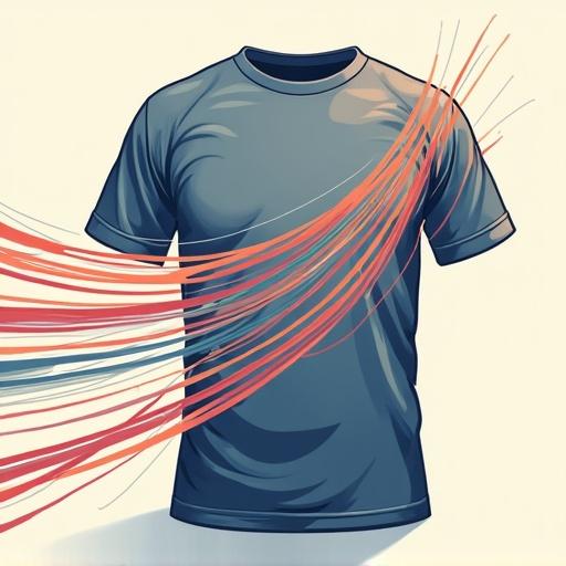 Illustration showcases airflow lines flowing through t-shirt fabric. T-shirt is presented in flat design. Background is light. The colors used include blue for the shirt and red for the airflow lines.