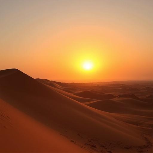 Dunes at sunset in the Namibia desert. Soft orange and yellow lights create a warm atmosphere. The sun setting on the horizon illuminates the wave-like shapes of the sand dunes.