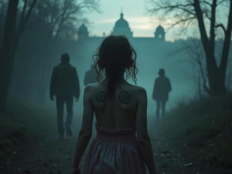 Haunted 10-year-old girl walks through misty Vienna woods. Bare back adorned with Dante's Inferno tattoo circles. Shadows of investigators loom in the background. Gothic Vienna skyline visible at dawn. Overall tense thriller mood.