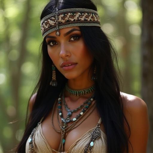 A portrait of a beautiful Cherokee Indian woman wearing traditional jewelry in a natural setting.