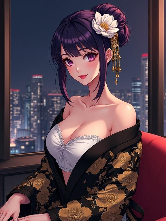 A sexy matured lady in semi-anime style with dark violet hair and bangs. Side hair frames the face gently. Hair styled in an updo with a white flower and an ornamental kanzashi. Wearing an off-shoulder white garment with chest decoration. Black haori with elaborate golden floral patterns. Sitting in a lounge with large windows. Nighttime cityscape visible outside.