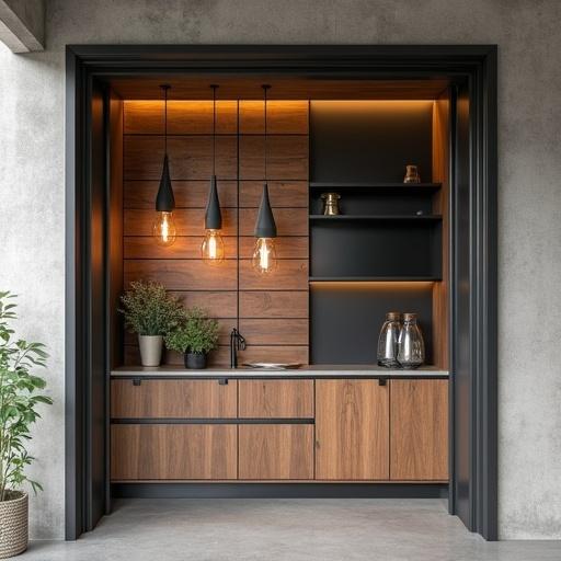 A modern-industrial kitchen design featuring a bold drop-down partition. The 11-foot ceiling has a 3-foot descending section. An iron grid frame holds reclaimed wood slats. Decorative niches hold plants and art. Sleek pendant lamps hang above.