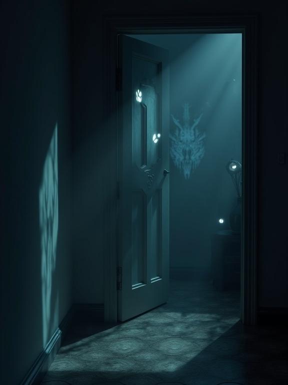 A dark room with spooky monster-shaped shadows on the walls. Glowing eyes appear in the darkness. The atmosphere feels eerie. The style is animated.