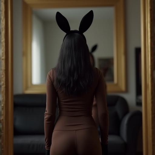 A woman with black hair is seen from behind. She stands in front of a large mirror. She wears a dark brown bunny costume with skin-tight long sleeves and dark brown tights. She has black gloves and black bunny ears. The setting features a black sofa.