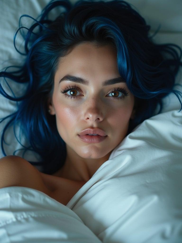 A woman with blue hair rests in bed. She relaxes in a cozy white comforter. The room has a serene atmosphere. Soft light fills the space. The mood is calm and restful.