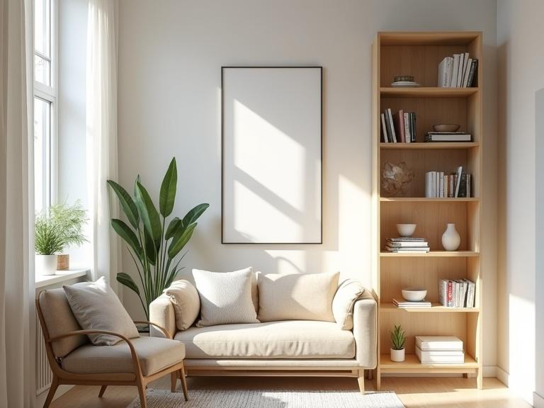 Image of a small modern living space with a bright minimalist style. The room has a light beige couch with pillows. There is a wooden bookshelf filled with décor. A large plant stands beside the sofa. Light comes through multiple windows.
