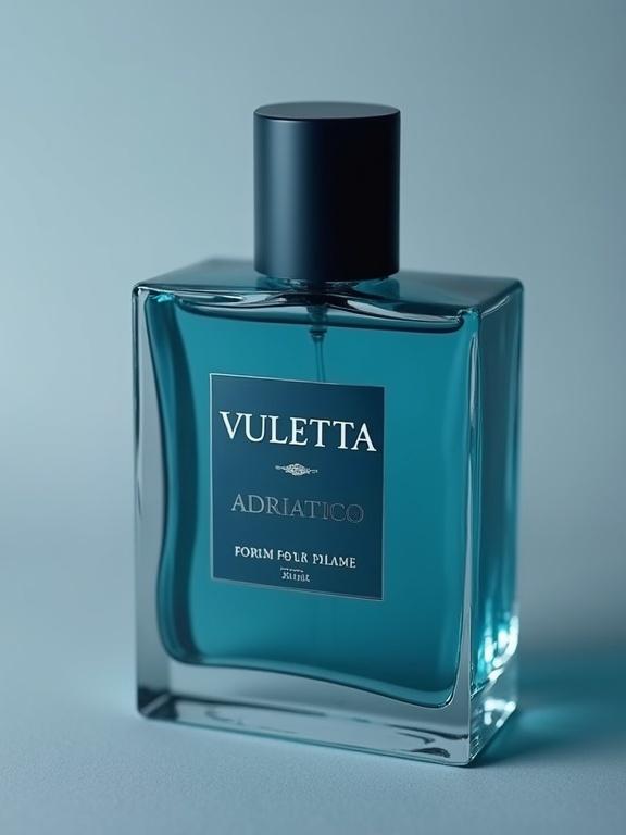 Photo shows a minimalistic design of a matte aquamarine blue perfume bottle. The background is soft gray for a clean aesthetic. A dark blue label features 'Vuletta' in bold engraved-style font in metallic silver at the top. In the center, 'Adriatico' is displayed in white silver font with 'Pour Homme' below it. A faint metallic silver 'Parfeme' is near the bottle's bottom. The shot captures vibrant colors, light leaks, and a shallow depth of field.