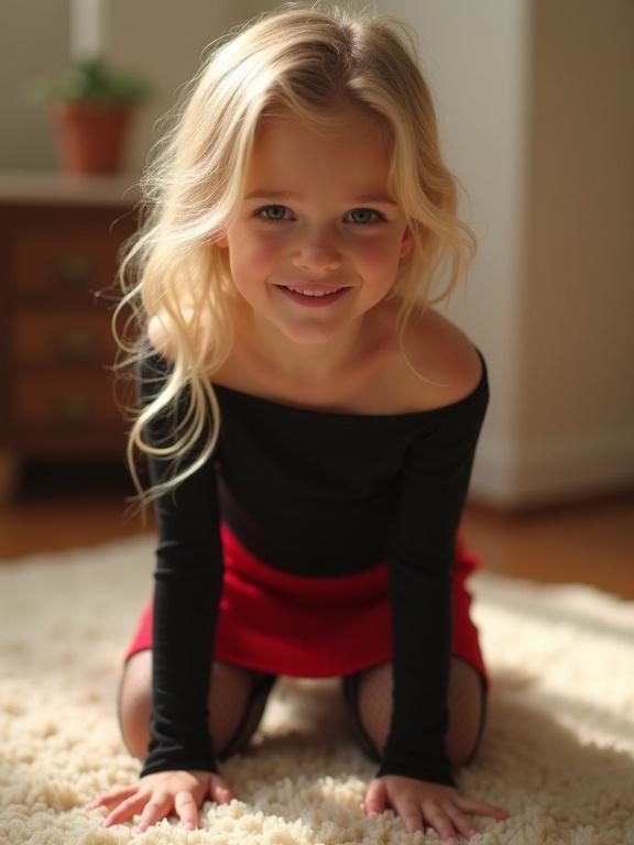 Blonde girl with wavy hair kneeling on cream rug in softly lit room. Hair shines golden with side parting. Delicate face with bright eyes and shy smile. Wearing black off-shoulder top and red skirt. She has sheer black thigh-high socks and black ankle shoes. Hands resting on rug with playful glance.