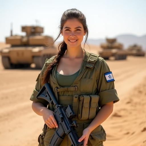 Young Israeli female soldier in olive-green military uniform in desert. Confidently holding black assault rifle. She has long dark brown hair in ponytail, smiles. Desert background with military vehicles. Strong sunlight and realistic shadows.