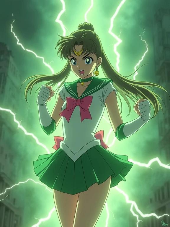 Sailor Jupiter stands with clenched fists in a strong fighting pose. She wears a green and white sailor uniform with a pink bow. The background shows an apocalyptic city. Green lightning surrounds her, crackling and emphasizing her power.