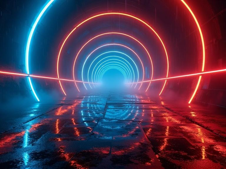 Cyberpunk style tunnel at night. Neon blue and red-orange lights create vibrant effects. Optical illusion of endless perspective. Sevenfold strobe laser lights project forward. Fog and rain incorporate a moody feel. Tunnel spiral shapes enhance design. Cinematic look with dramatic reflections.