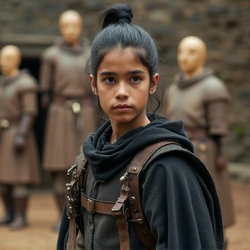 A teenager stands alert in a medieval training ground. He has medium-length black hair tied into a topknot. The setting features wooden dummies and stone walls. His expression shows determination and innocence. He wears lightweight scout armor and has a short sword sheath and a bow on his back. The atmosphere reflects vigilance and readiness. Soft shadows highlight his poised posture. Dark, muted colors dominate the scene.