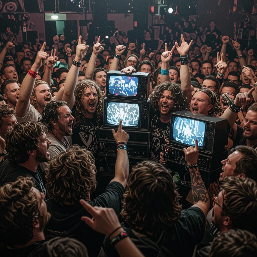 Crowd at a rock concert with fans taking part in a mosh pit. TV sets on stands show the performance. Participants are animated and enthusiastic. Lighting is vivid and creates a party vibe.