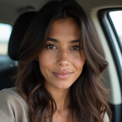 Chica peruana de 18 años con ojos achinados sonriendo. Lleva traje de voleibol. Está sentada sobre el capó de un coche abollado. Espacio interior de vehículo visible.