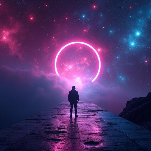 Futuristic nebula themed album cover featuring neon lights and glowing elements. Text reads: Pulse Arena. Style reflects deep house music aesthetic. Silhouetted figure standing on a pathway.