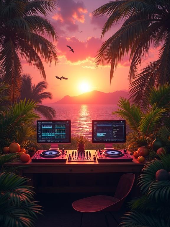 Vibrant image to promote djejooM services. Set in Brazilian rainforest clearing at dawn. Sky with orange, pink and gold hues. First rays of sun illuminate the scene. Center focus on recycled wooden DJ table with discreet anarchist symbols. Equipment includes eco-friendly controllers and mixers surrounded by Brazilian tropical fruits like açaí, passion fruit and pineapple. Natural elements like palm leaves, ipe flowers and crystals integrated with equipment. Brazilian fauna like toucans and capybaras interacting peacefully. Colorful sound waves emerge from speakers transforming into light particles. Fl floating banner with 'jejuMIX' in organic style made of leaves and branches. Atmosphere of tranquility and energy with subtle LED lights on DJ table pulsing to music rhythm. Essence of freedom, sustainability and connection to Brazilian nature is portrayed.