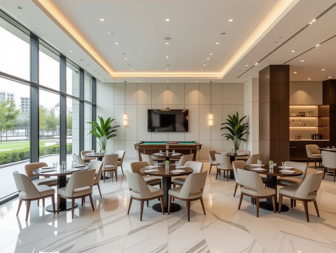 Showcase a luxurious multipurpose hall with six round tables arranged in a 3x2 grid. Include a pool table at the bottom center. Feature large glass windows on the left side letting in natural light. Display polished marble or wooden flooring, soft ceiling lighting, and dual washroom entrances at the far wall. Highlight an elegant minimal interior design with an organized uncluttered feel.