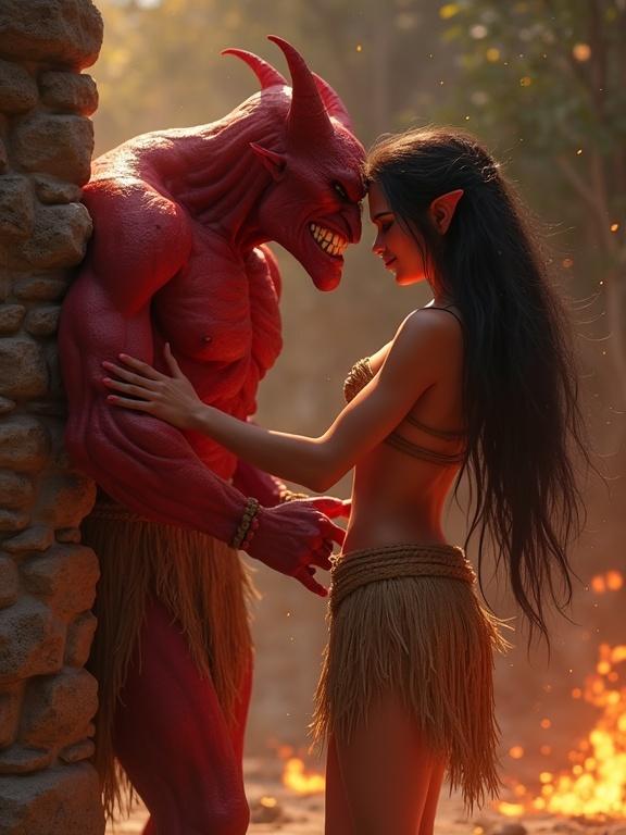 A terrifying red demon pins a beautiful tribal woman to a stone wall. He has one clawed hand on her chest. She is in a tattered loincloth, with her back arched. Her face shows fear. His face is inches from hers, with glowing eyes. Smoke and fire swirl around them, creating a dramatic atmosphere.