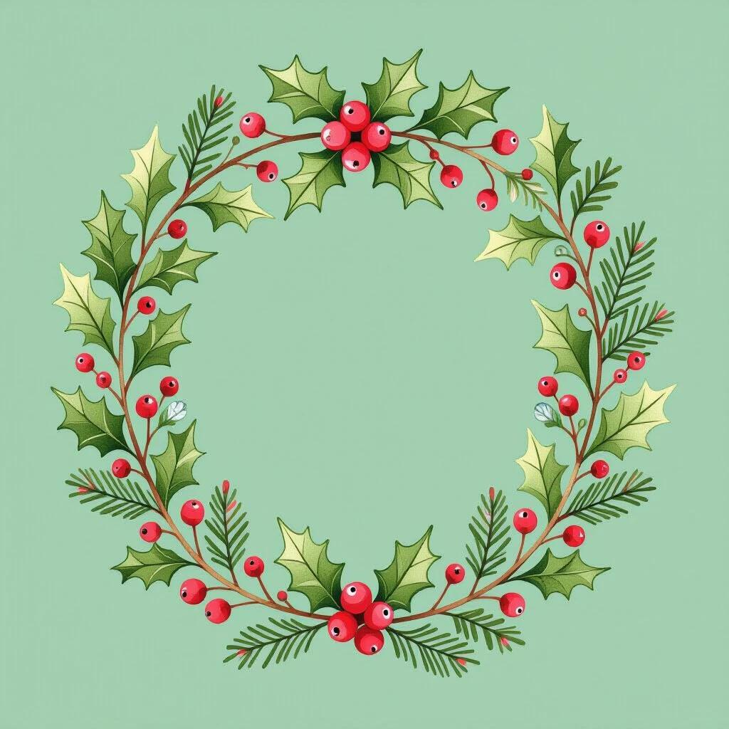 A playful hand-painted watercolor design for a Christmas decoration featuring a circular wreath. The wreath is made of various green leaves and reddish pink berries. Different leaf shapes like holly, pine, cypress and eucalyptus are used. Subtle textures with vein details enhance the leaves. Some leaves overlap the circle creating a natural look. Berries of varying sizes are interwoven with pine cones for a festive touch. The illustration is bright and colorful against a white background.