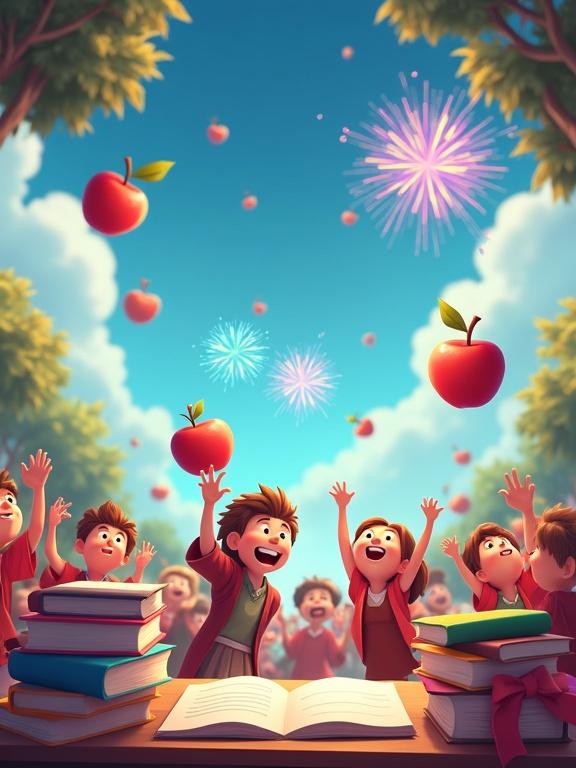 Animated graduation scene with happy children celebrating. Stylized study desk filled with books. Bright red apples floating in air. Fireworks exploding in the blue sky. Cartoon-style aesthetic similar to Pixar or Disney. Ribbons and confetti add festive touch.
