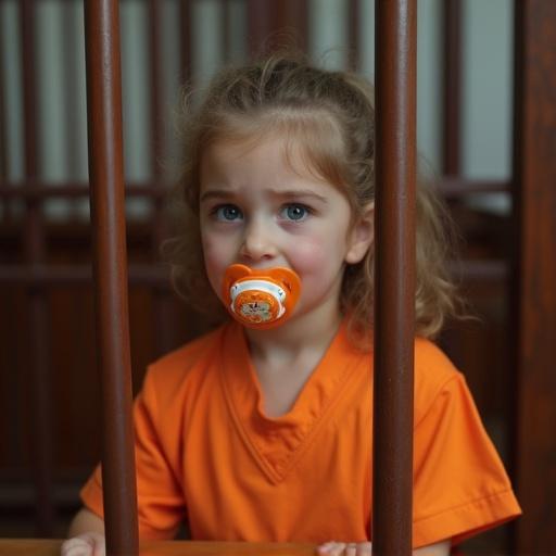 A young girl plays courtroom with her mother. Mother wears an orange jumpsuit in a cage. The girl pretends she is a judge. The mother seems emotional. Both have oversized pacifiers in their mouths.