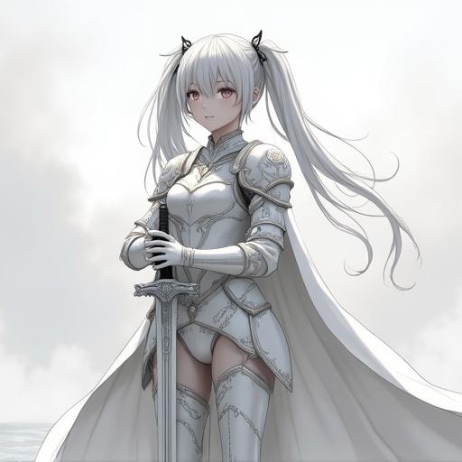 Full shot of a stylized female character from an anime or video game. Character in a ready pose. Clad in light gray armor with metallic highlights. Armor covers entire body with a flowing cloak over it. Long light gray hair styled in twin ponytails. Calm expression. Hands clasped holding a long slender sword. Soft misty gray/white background hinting at clouds and water. Overall tone is serene suggesting a mythical setting. 9:16 aspect ratio.