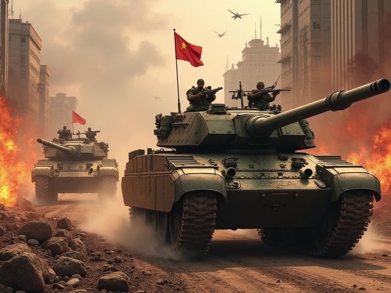 A column of Chinese Overlord Tanks moves through a city in chaos. The tanks are armed and fire rounds. Flames rise from destroyed buildings. Red Guard infantry combat insurgents hiding among the ruins.