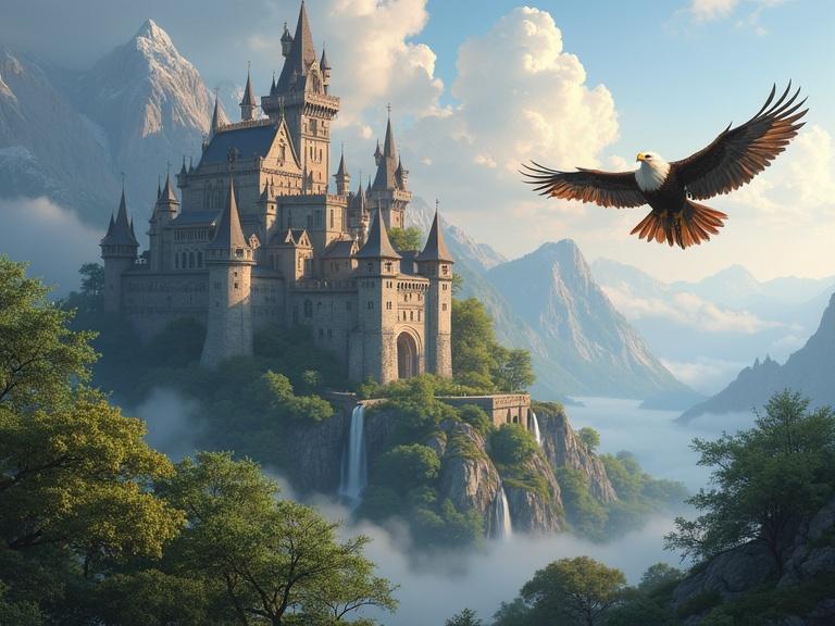 Fantasy castle surrounded by nature. Eagles flying in the sky. Lush greenery with mountains in the background. Magical and beautiful scenery.