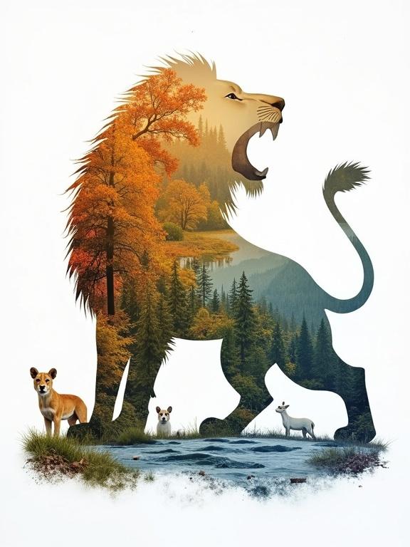 Roaring silhouette of a lion. Body composed of a landscape. Mane depicts spring forest. Body shows golden summer field. Hind legs contain autumn forest. Tail ends in snowy winter landscape. Small animals populate different areas. Meandering river flows through all seasons.