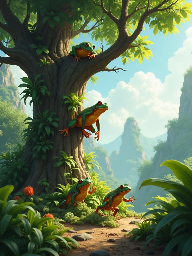 A large frog climbs a big tree filled with bromelia plants. A sunny green valley scene with mountains in the background. Three large birds rush toward the frog.