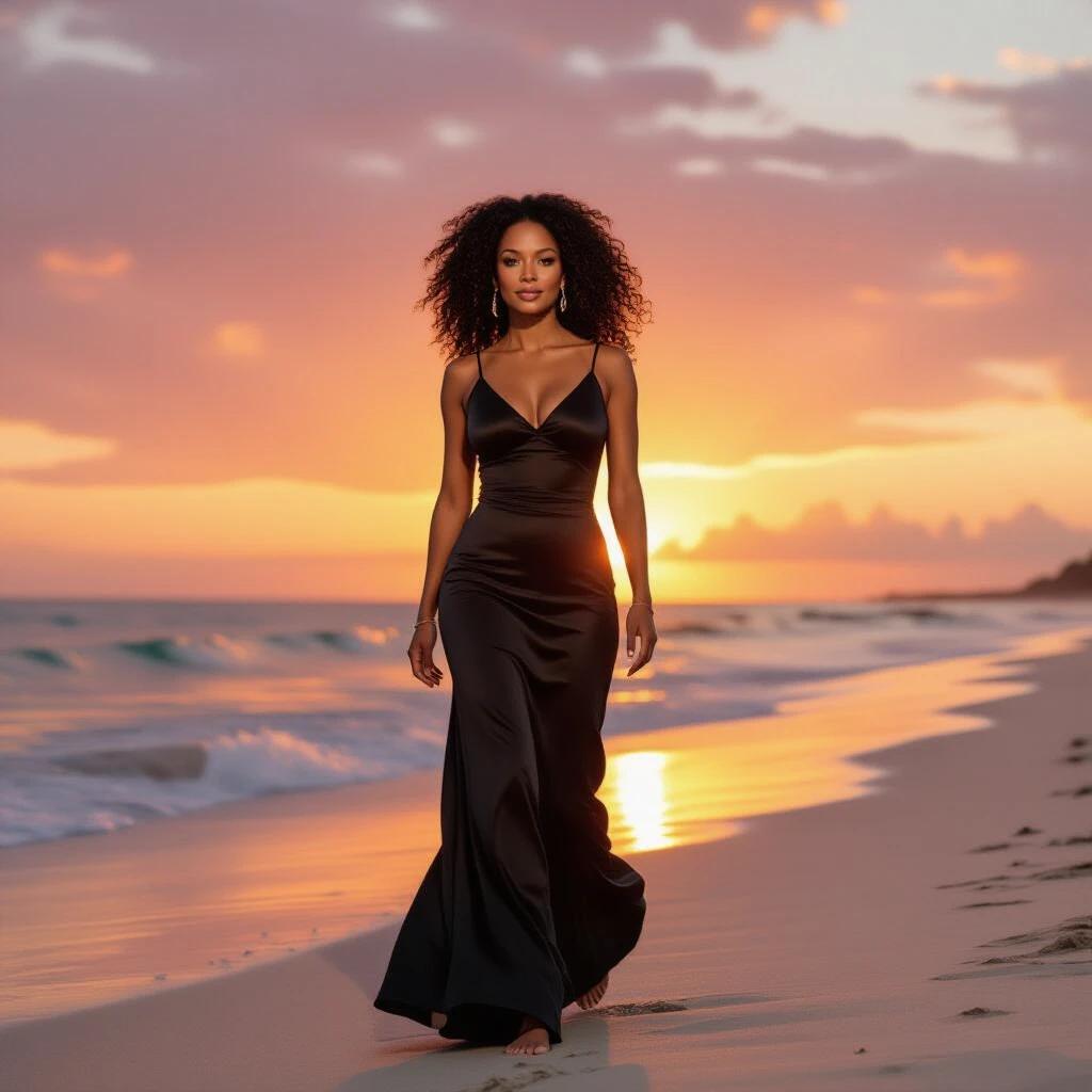 Elegant woman walks along a beach at sunset. The sky is filled with warm shades of orange and pink. The ocean waves gently lap at the shore. She wears a long black dress. Soft light creates a serene atmosphere.