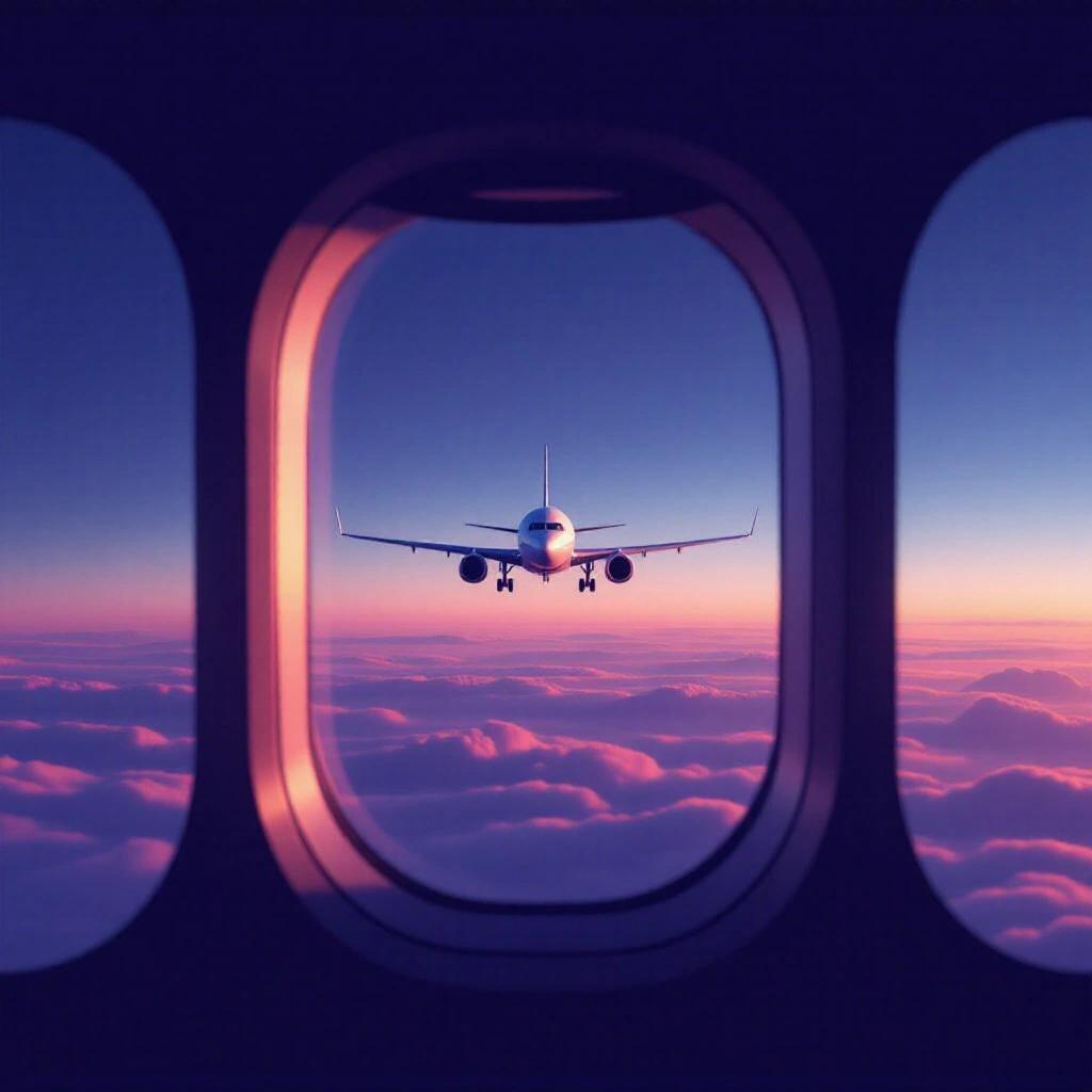 Minimalist airplane window view. Soft gradients of blue and violet in the sky. Distant silhouette of an airplane outside. Stylized design with soft lighting and smooth shadows. Cinematic composition with calm elegance.