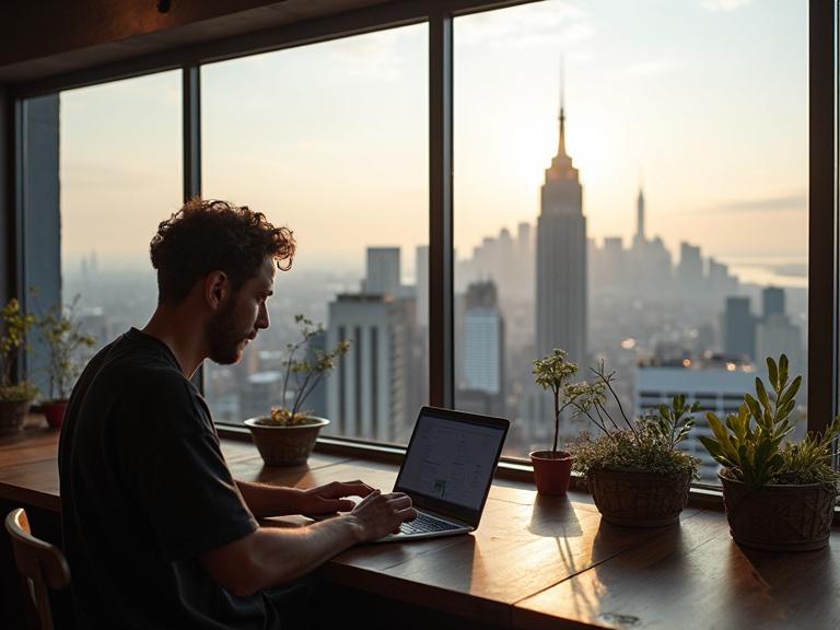 A digital nomad works from a rooftop café. City skyline view is visible. The sun is setting in the background. Man uses a laptop. Potted plants are on the table.