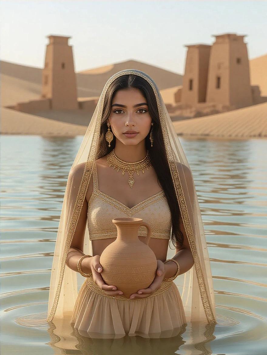 Documentary photography captures young Arab girl in desert oasis. She holds clay amphora filled with water. Dressed in beige tulle with gold trim. Transparent golden veils flutter in breeze. Coordinates with ancient ruins in background. Soft natural light creates serene atmosphere.