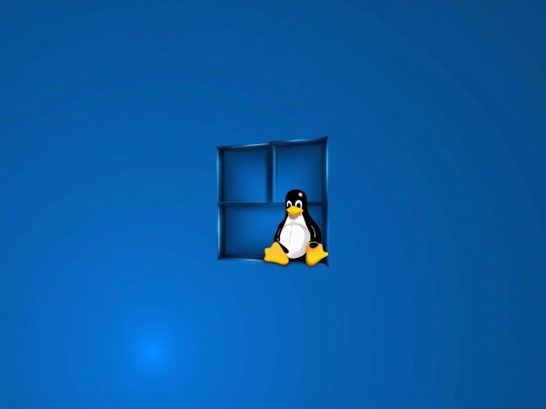Image features a blue background. Modern design with a window structure. A penguin mascot is present. Image represents Linux operating system. Scene is minimalistic and polished. Focus on the penguin and window-like design.