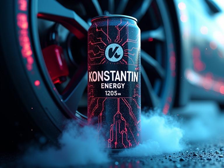 Futuristic energy drink can design. Can labeled KONSTANTIN ENERGY stands prominently. Electric circuit design visible on the surface. Glossy car wheel silhouette in the background. Fog drops around the can creating atmosphere. Captured from a low angle in an epic view.