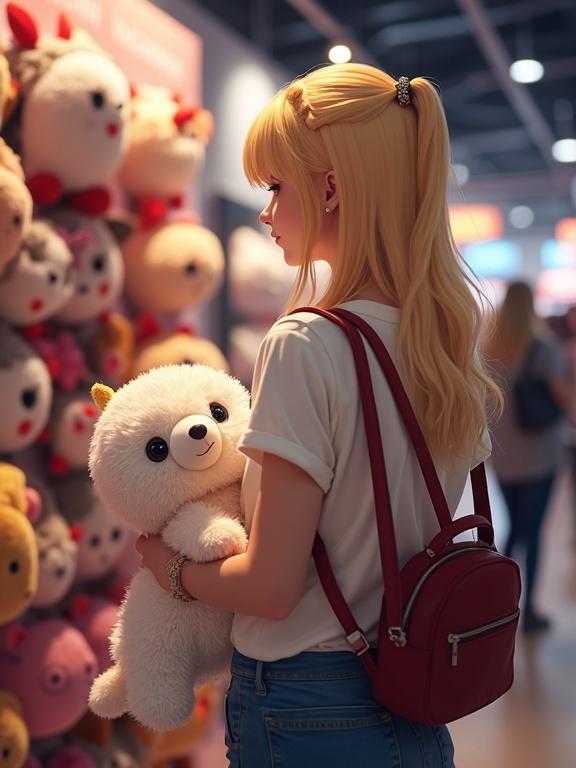 Beautiful blonde woman at an anime convention. Woman seen from behind. Holding a plush toy in hand. Surrounded by shelves of plush toys.