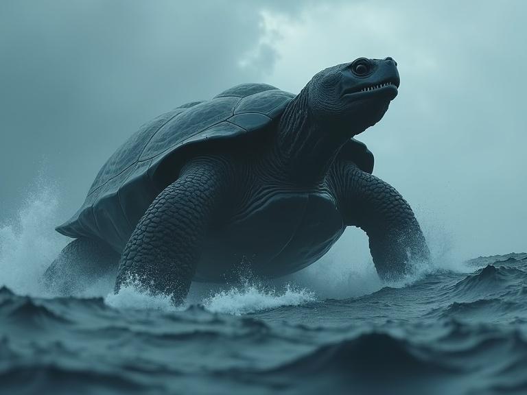 dark cinematic scene featuring a giant turtle emerging from the ocean. The turtle is greyish blue with a thick textured shell. It has tusk teeth and claws, creating a striking silhouette. The atmosphere includes dark clouds and crashing waves with mist. Overall a dramatic and realistic depiction with detailed textures and shadows.