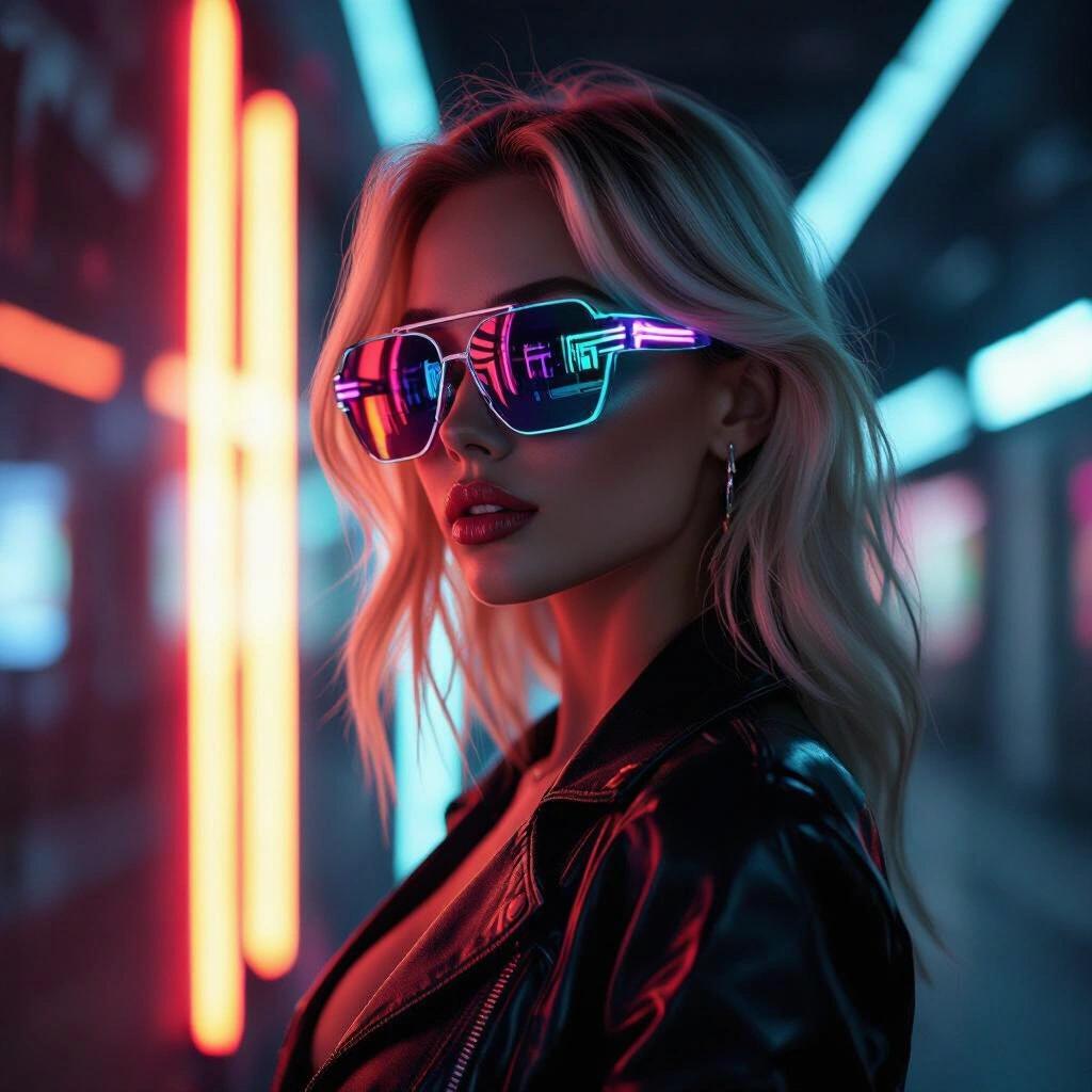 Full body shot featuring a blonde model wearing futuristic sunglasses in a neon-lit environment with artistic appeal. The model showcases glamorous clothing and poses looking away from the camera.