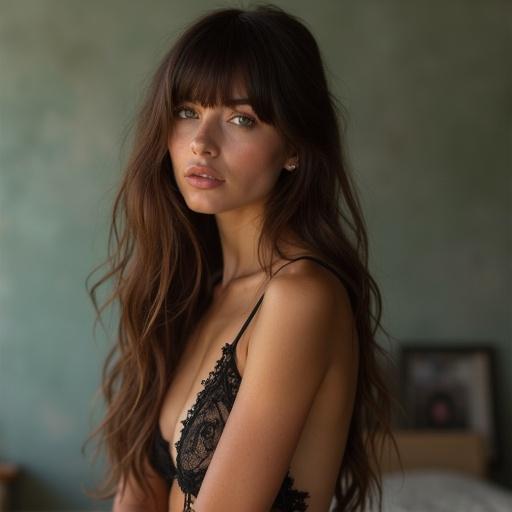 Portrait of a beautiful woman with long brown hair and bangs wearing black lingerie and posing gracefully