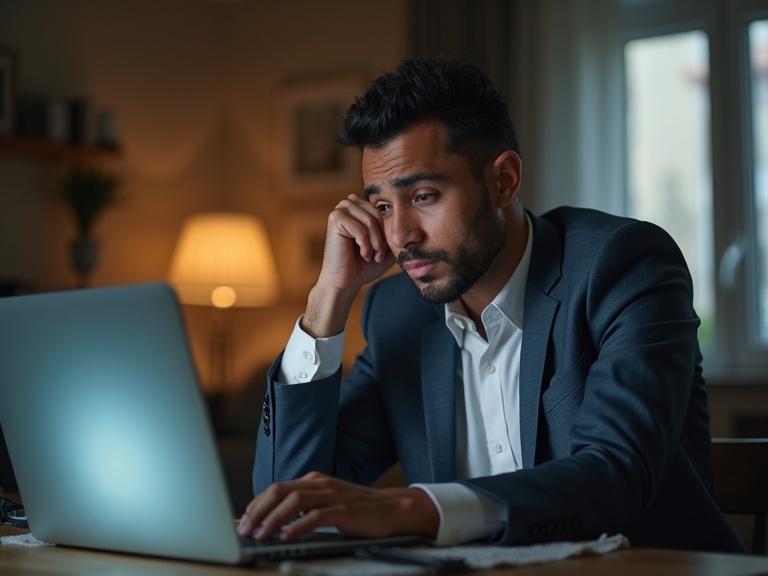 A puzzled disappointed Egyptian man in his 20s applying for an online job. He wears a formal outfit. He appears frustrated due to weak internet signal. He is next to his laptop and a glowing wi-fi router. The scene is indoors with a soft light background.