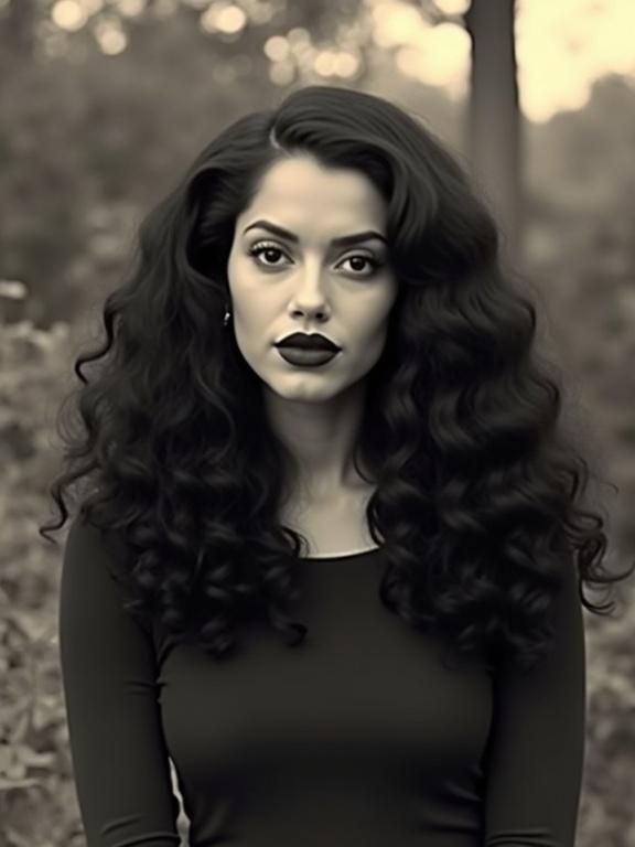 Photograph of a woman with long curly hair. Hair is dark and voluminous with tight curls. Large expressive eyes, straight nose, full lips with dark lipstick. Dark long-sleeved top. Small simple earrings. Blurred outdoor background. Focus on the woman with neutral expression. Vintage feel and soft lighting highlights textures. Dark hair contrasts with lighter background. Balanced composition emphasizing natural beauty.